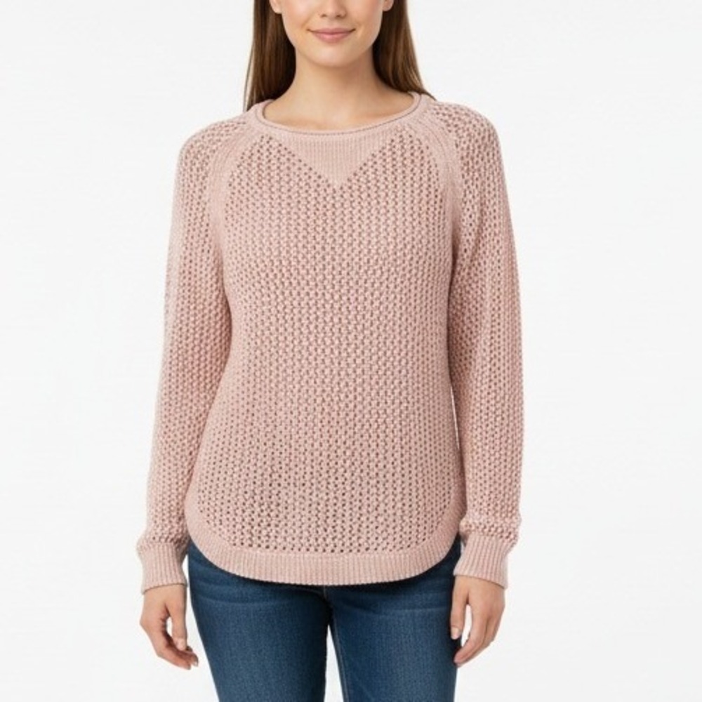 Part Two Pink Mesh Knit Sweater Top Womens Medium‎ Crew Neck Long Sleeve Casual